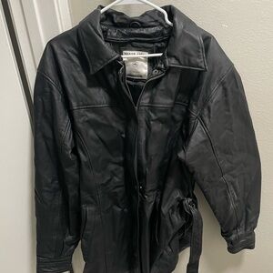 Vintage North Ridge Black Leather Jacket with Belt Zip 100% Genuine Leather
